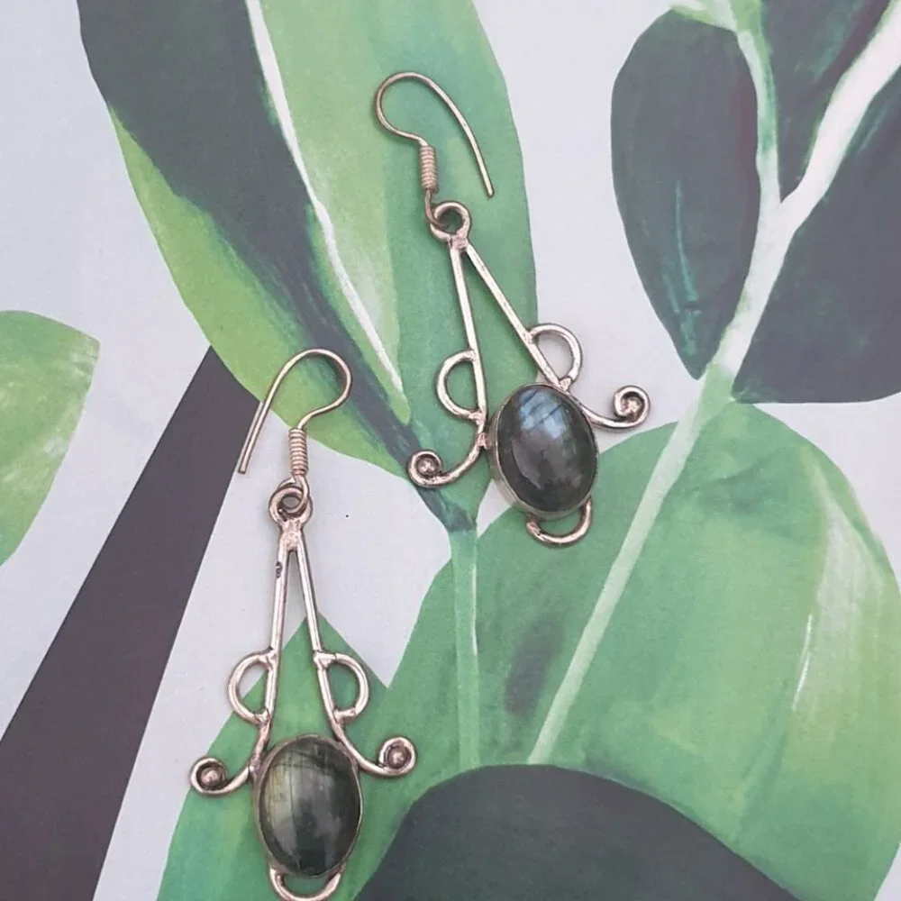 Green Tigers Eye Indian Silver Dangle Earrings Women Bohemian Women Jewelry